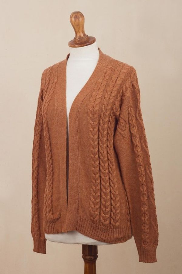 Alternate image for Eco Friendly Cable Knit Open Front Deep Orange Cardigan Ginger Cable Classic