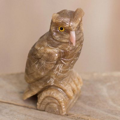 Alternate image for Calcite and Rose Quartz Gemstone Owl Sculpture from Peru Protective Owl
