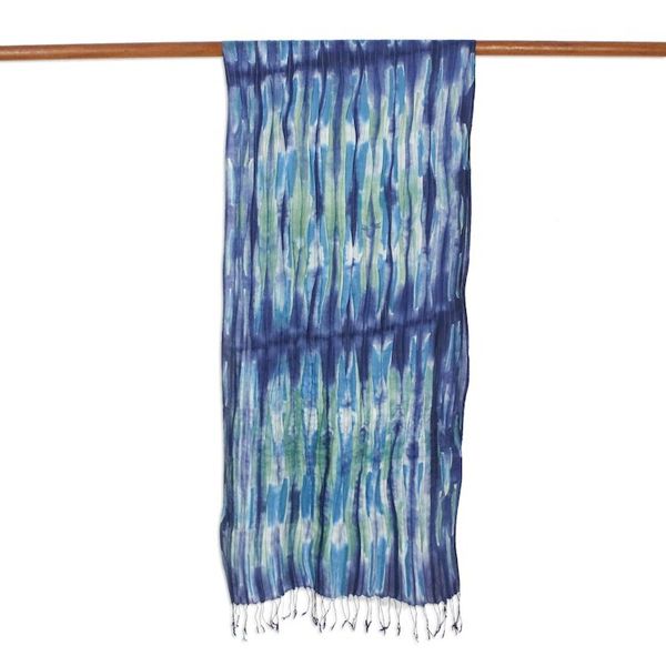 Alternate image for Blue and Green Tie-Dyed Silk Fringed Scarf from Thailand Impressionist Sea