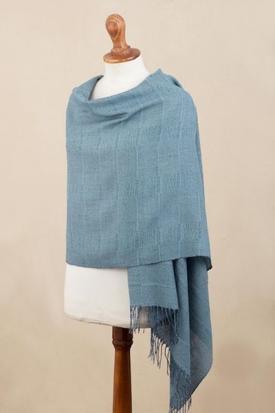 Alternate image for Azure Blue Patterned Handwoven Baby Alpaca Shawl Whispering Azure