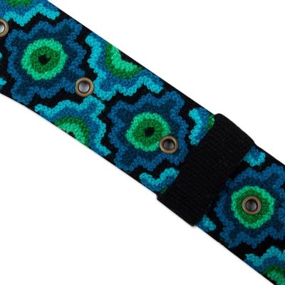 Alternate image for Chakana-Themed Turquoise and Green Embroidered Wool Belt Turquoise Worlds