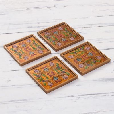 Alternate image for Reverse Painted Glass Floral Coasters from Peru Set of 4 Floral Gold