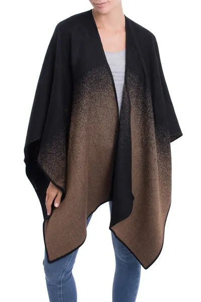 Alternate image for Reversible Alpaca Blend Ruana in Chestnut Brown and Black Andean Vistas in Tan