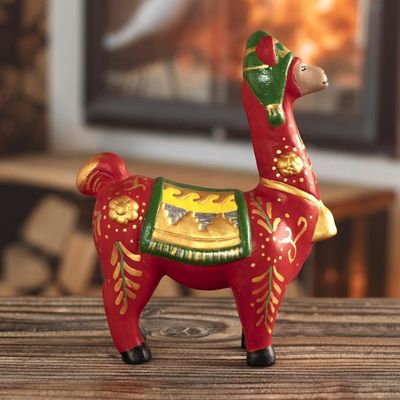 Alternate image for Hand Painted Holiday Llama Sculpture Holiday Llama in Red