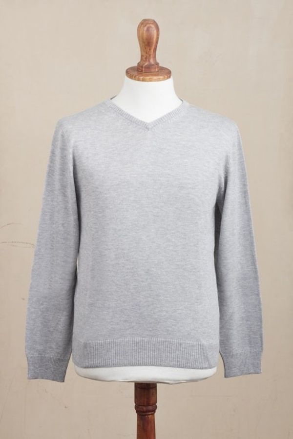 Alternate image for Mens V-Neck Cotton Blend Pullover in Pearl Grey from Peru Warm Adventure in Pearl Grey