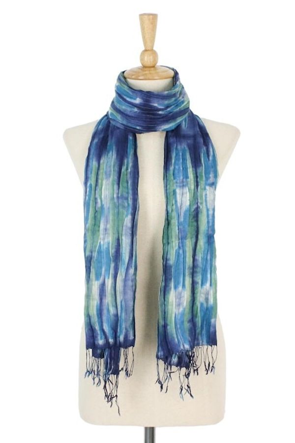 Alternate image for Blue and Green Tie-Dyed Silk Fringed Scarf from Thailand Impressionist Sea