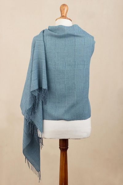 Alternate image for Azure Blue Patterned Handwoven Baby Alpaca Shawl Whispering Azure