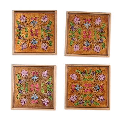 Alternate image for Reverse Painted Glass Floral Coasters from Peru Set of 4 Floral Gold