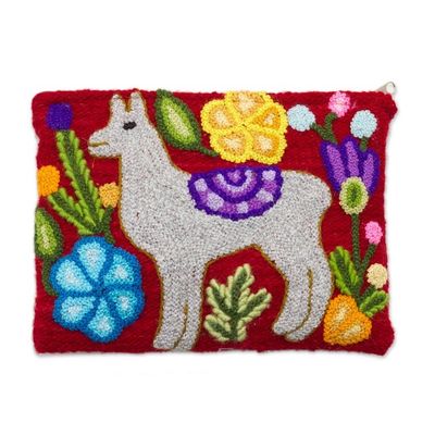 Alternate image for Llama-Themed Embroidered Wool Clutch in Pearl Grey Llama Glam in Pearl Grey