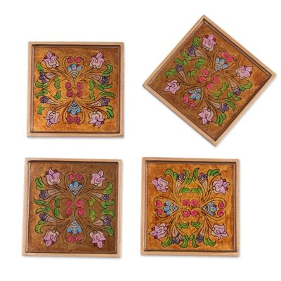 Alternate image for Reverse Painted Glass Floral Coasters from Peru Set of 4 Floral Gold