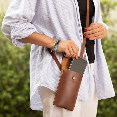 Alternate image for Brown Leather Cellphone Wallet with Adjustable Strap Classical Avant-Garde