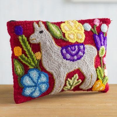 Alternate image for Llama-Themed Embroidered Wool Clutch in Pearl Grey Llama Glam in Pearl Grey