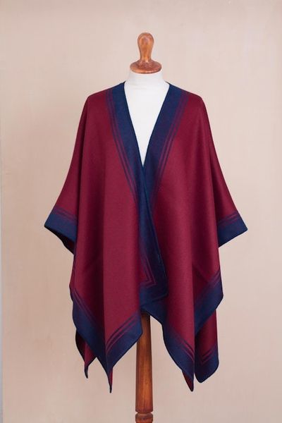 Alternate image for Reversible Alpaca Blend Ruana in Indigo and Wine Delightful Fantasy in Indigo