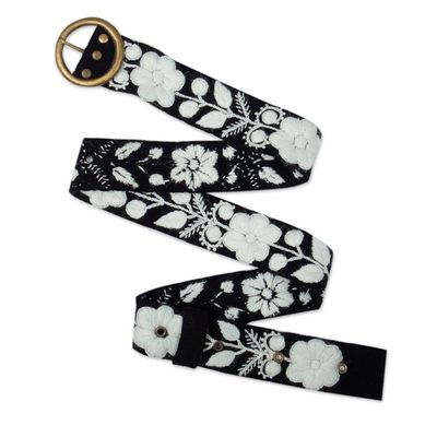 Alternate image for Black  White Hand-Woven  Hand-Embroidered Floral Wool Belt White Flowers