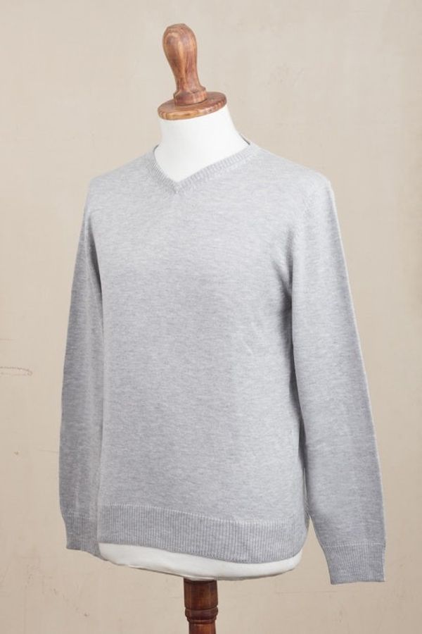 Alternate image for Mens V-Neck Cotton Blend Pullover in Pearl Grey from Peru Warm Adventure in Pearl Grey