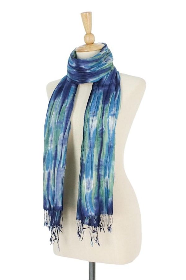 Alternate image for Blue and Green Tie-Dyed Silk Fringed Scarf from Thailand Impressionist Sea