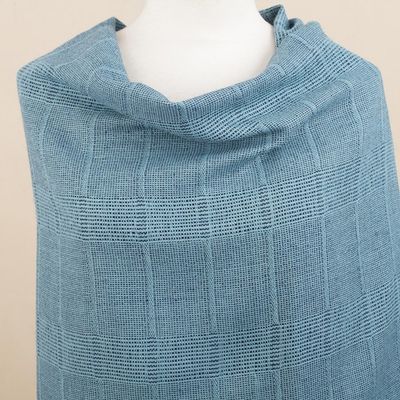 Alternate image for Azure Blue Patterned Handwoven Baby Alpaca Shawl Whispering Azure
