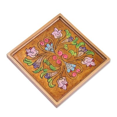 Alternate image for Reverse Painted Glass Floral Coasters from Peru Set of 4 Floral Gold