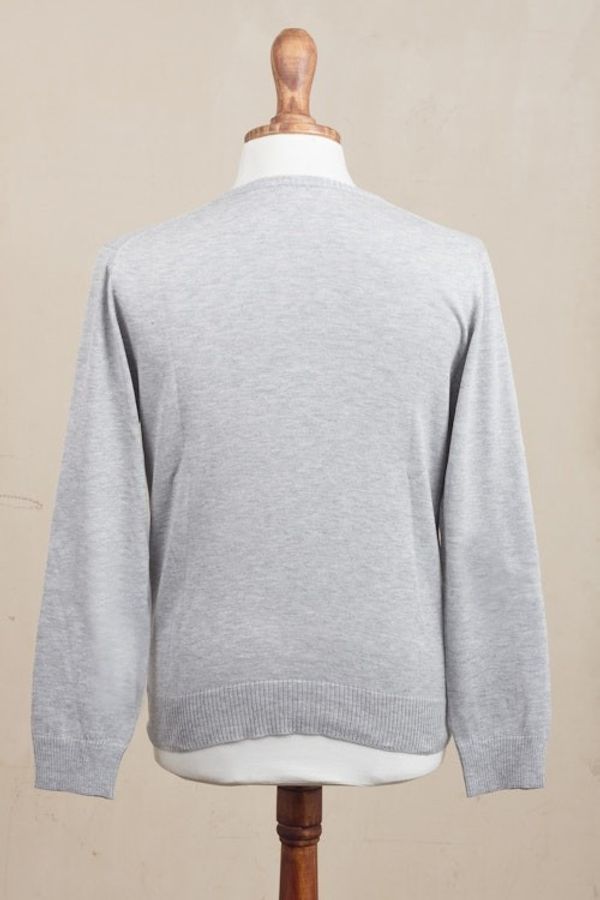 Alternate image for Mens V-Neck Cotton Blend Pullover in Pearl Grey from Peru Warm Adventure in Pearl Grey