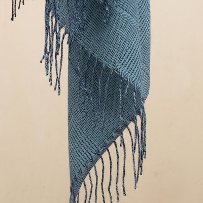 Alternate image for Azure Blue Patterned Handwoven Baby Alpaca Shawl Whispering Azure