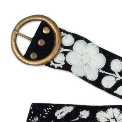 Alternate image for Black  White Hand-Woven  Hand-Embroidered Floral Wool Belt White Flowers
