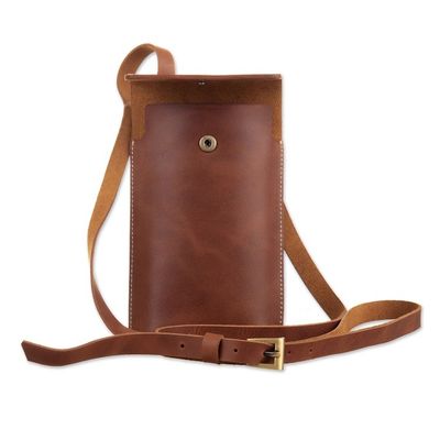 Alternate image for Brown Leather Cellphone Wallet with Adjustable Strap Classical Avant-Garde