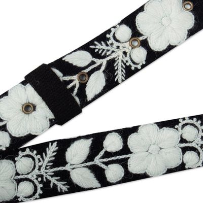 Alternate image for Black  White Hand-Woven  Hand-Embroidered Floral Wool Belt White Flowers