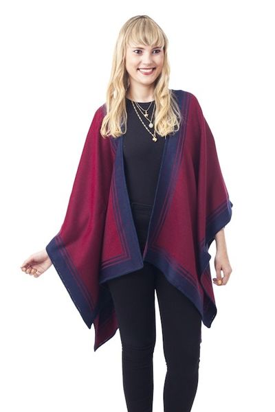 Alternate image for Reversible Alpaca Blend Ruana in Indigo and Wine Delightful Fantasy in Indigo