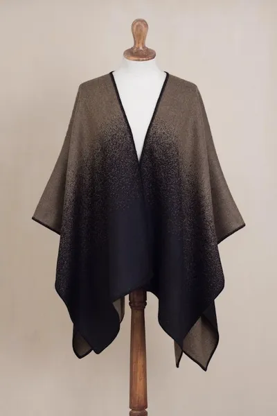 Alternate image for Reversible Alpaca Blend Ruana in Chestnut Brown and Black Andean Vistas in Tan