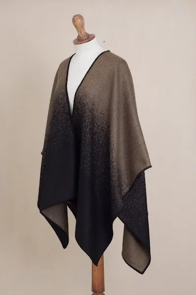 Alternate image for Reversible Alpaca Blend Ruana in Chestnut Brown and Black Andean Vistas in Tan