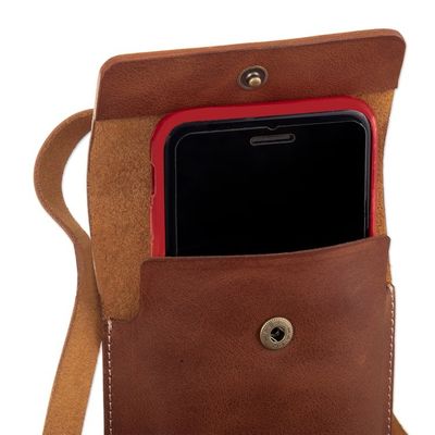 Alternate image for Brown Leather Cellphone Wallet with Adjustable Strap Classical Avant-Garde