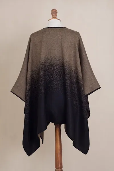 Alternate image for Reversible Alpaca Blend Ruana in Chestnut Brown and Black Andean Vistas in Tan