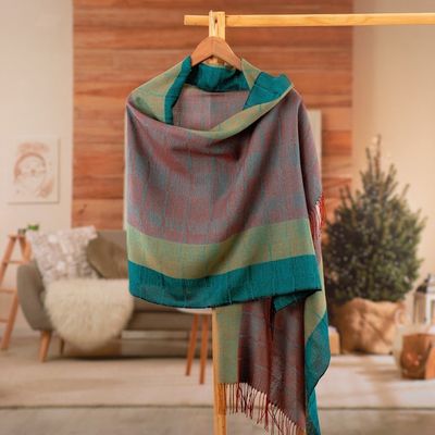Alternate image for Hand-Woven Striped Fringed 100 Baby Alpaca Shawl from Peru Watercolors