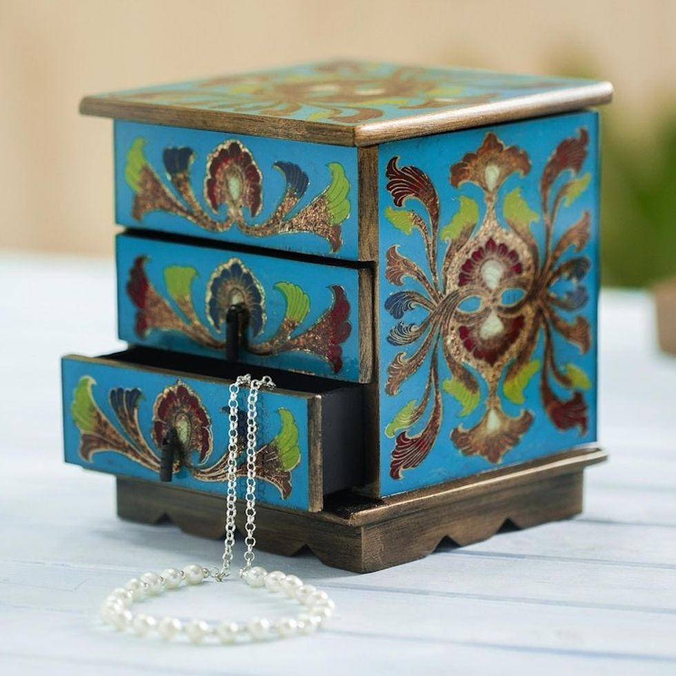 Blue Reverse Painted Glass Decorative Chest from Peru 'Joyous Blue Enchantment'