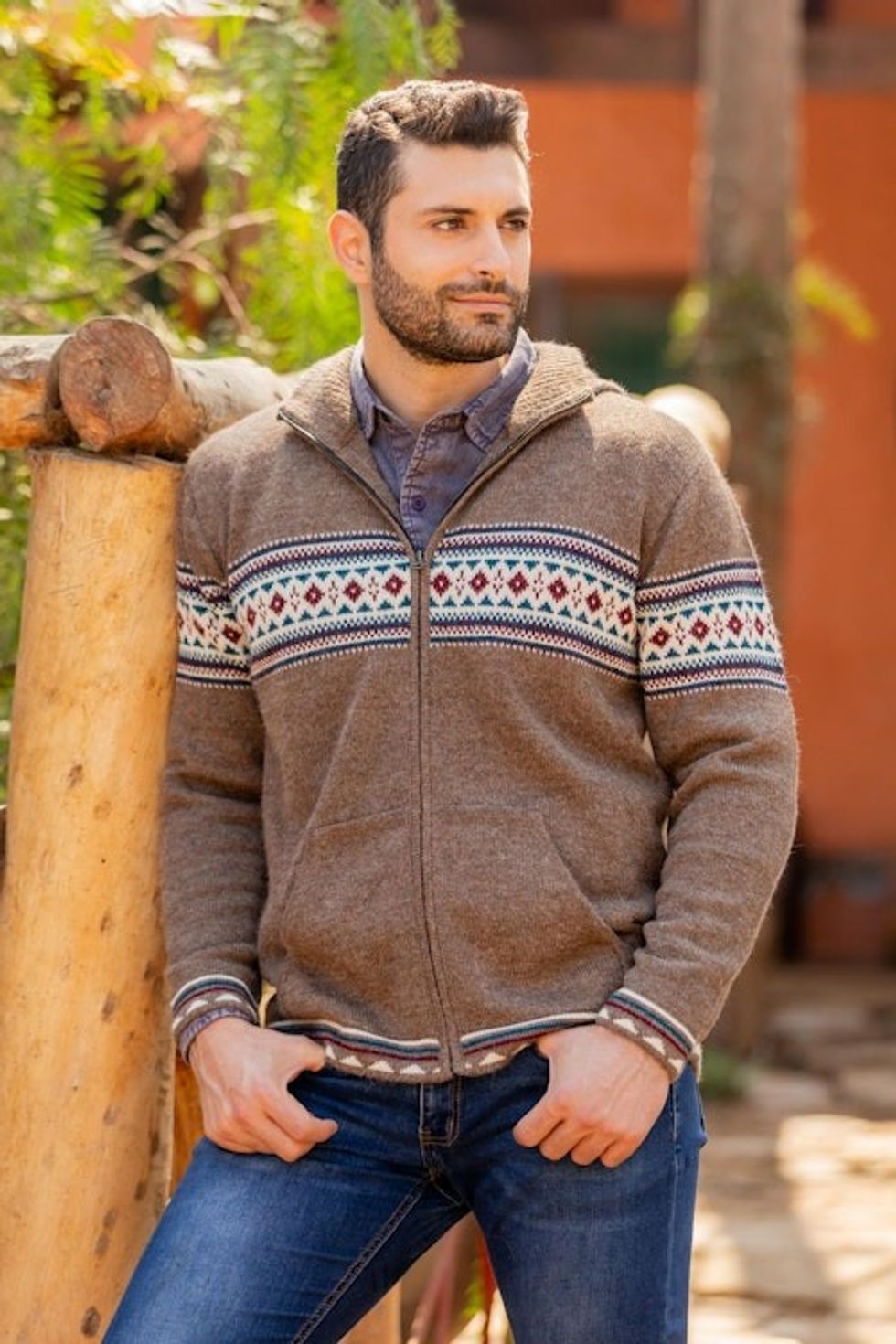 Men's 100 Alpaca Brown Geometric Hoodie Jacket from Peru 'Aventura'