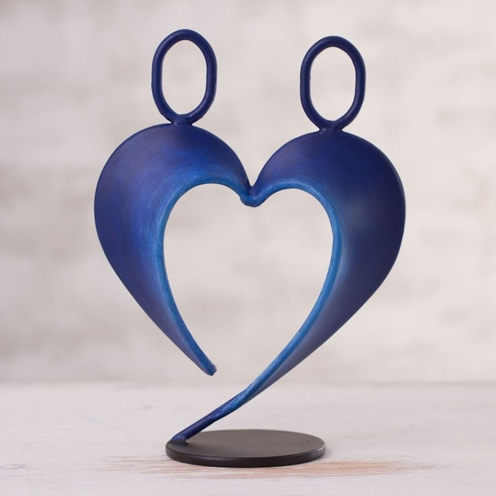 Abstract Steel Heart Sculpture in Dark Blue from Peru 'Our Heart in Dark Blue'