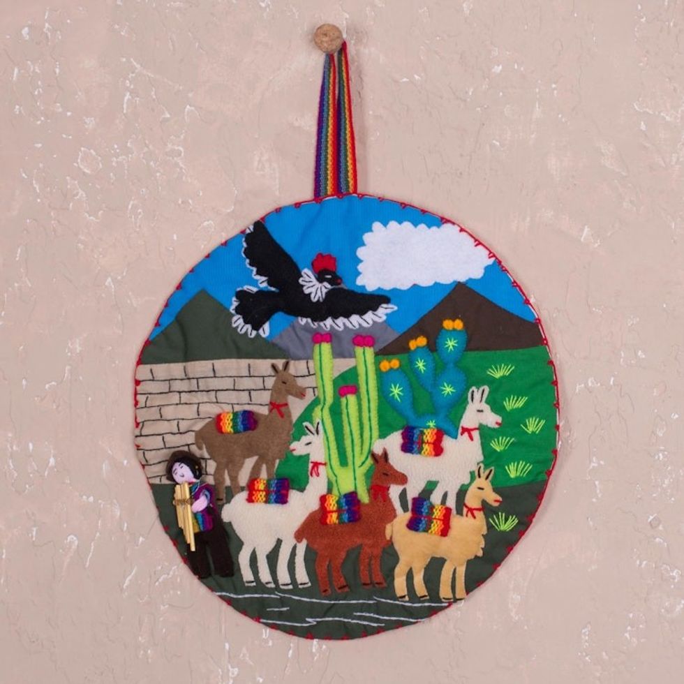 El Condor Pasa Hand Made Cotton Arpillera Wall Hanging 'Condor Flight'