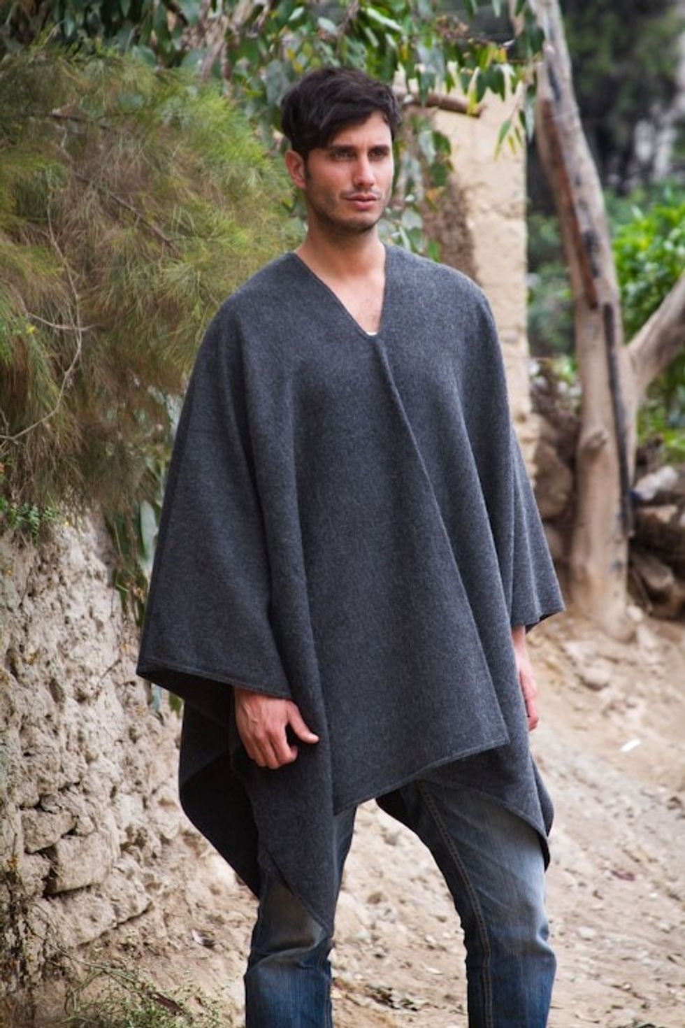 V-neck Poncho for Men Artisan Crafted in Peru 'Inca Explorer in Gray'