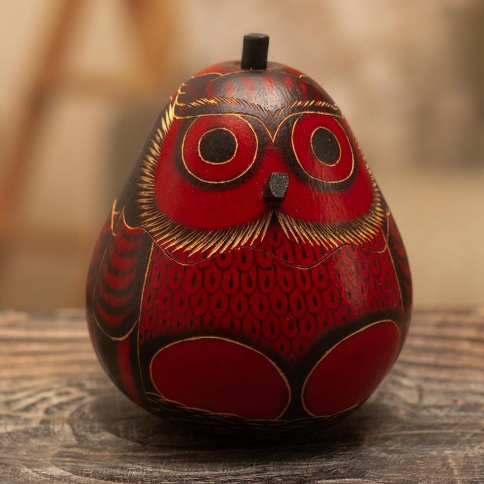 Dried Mate Gourd Box Painted in an Owl Motif from Peru 'Paunchy Red Owl'