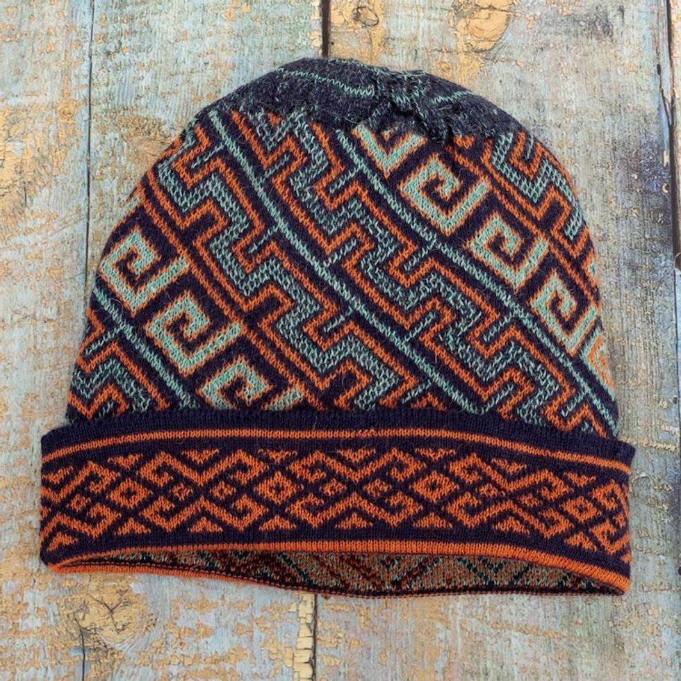 Unisex 100 Baby Alpaca Knit Hat in Aqua and Orange 'Andean Style'