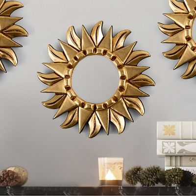 Alternate image for Antiqued Round Bronze Gilded Wood Wall Mirror with Sun Motif Bright Sun