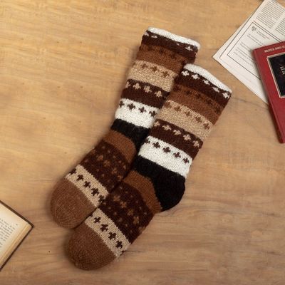 Alternate image for Handwoven Inca-Inspired Alpaca Socks in Brown and White Hues Chocolate Colors