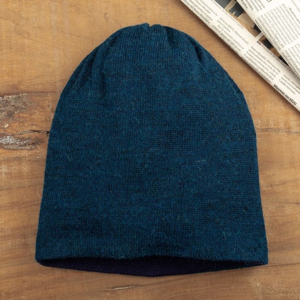 Knit Reversible Baby Alpaca Hat in Indigo and Peacock Hues 'Peacock Trends'