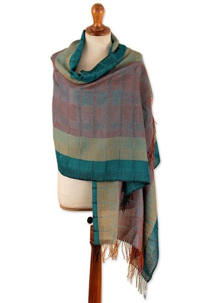 Alternate image for Hand-Woven Striped Fringed 100 Baby Alpaca Shawl from Peru Watercolors