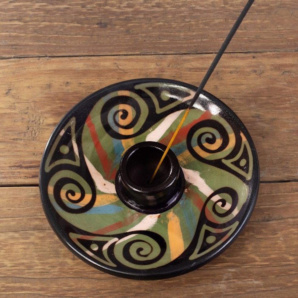 Handcrafted Swirl-Patterned Round Ceramic Incense Holder 'Ancestral Swirls'