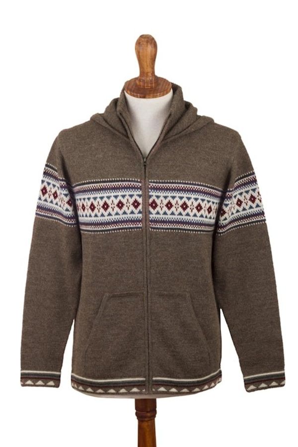 Alternate image for Mens 100 Alpaca Brown Geometric Hoodie Jacket from Peru Aventura