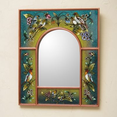 Alternate image for Teal Reverse Painted Glass Wall Mirror with Birds Songbirds on Teal