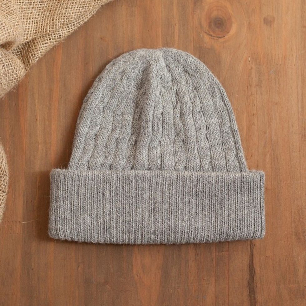 Soft Smoky Grey 100 Alpaca Cable Knit Hat from Peru 'Comfy in Grey'