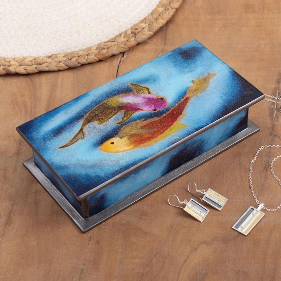 Artisan Crafted Wood and Glass Decorative Box 'Ocean Harmony in Blue'