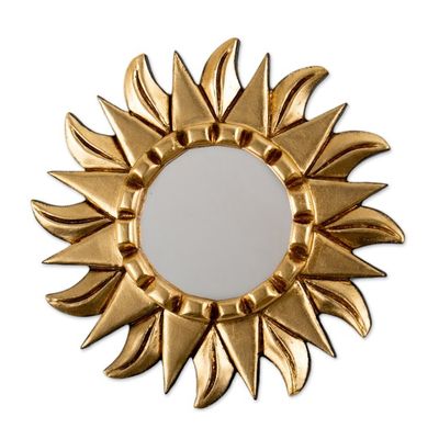 Alternate image for Antiqued Round Bronze Gilded Wood Wall Mirror with Sun Motif Bright Sun